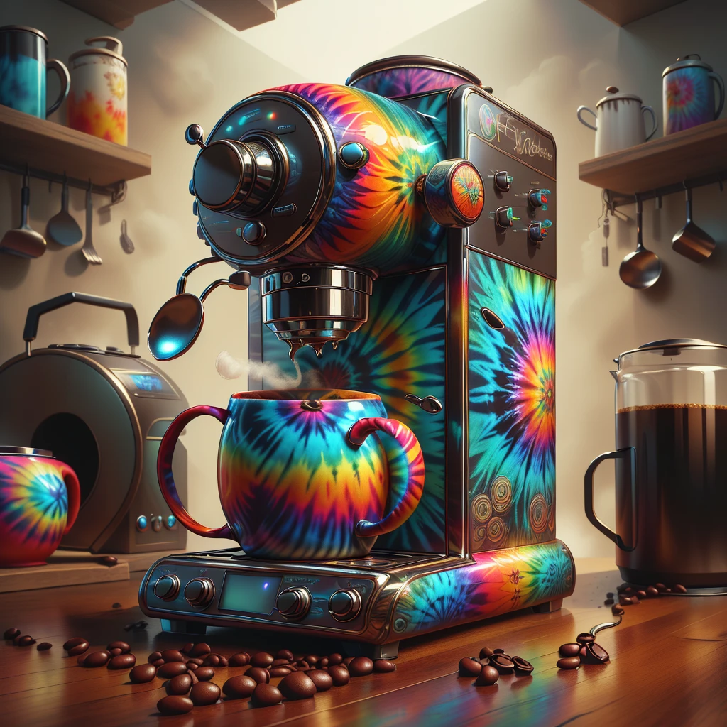 <lora:EPtiedyeworld:0.8>,eptiedyeworld, scifi, caustics, psychedelic,
 advanced coffee machine, hot coffeemug, kitchen