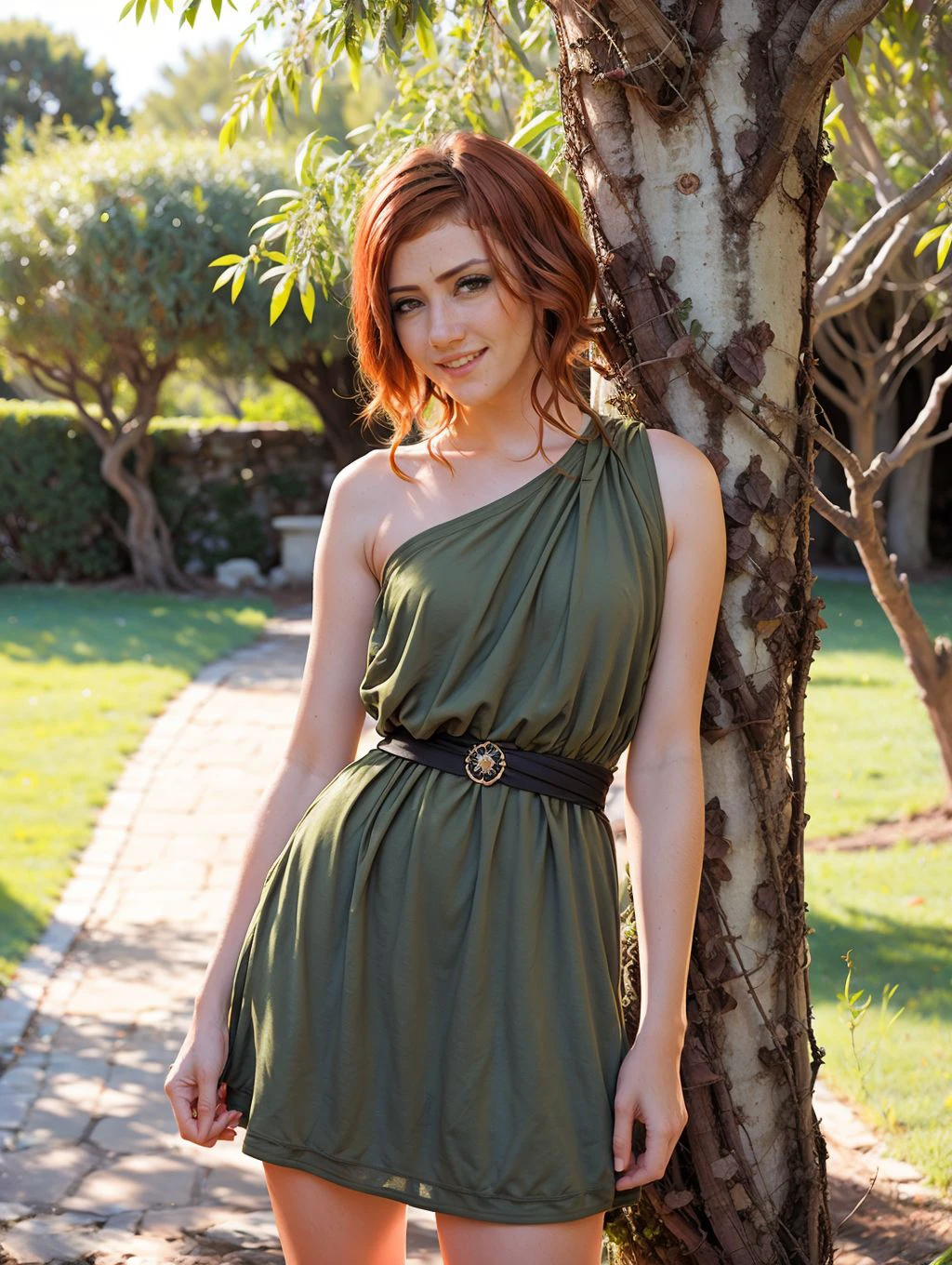 righteous ancient greek woman with short hair and (open mouth:0.5) and smiling posing for a picture in a olive dress, with trees in the background and a path and a wedding reception, outdoor lighting, sunny