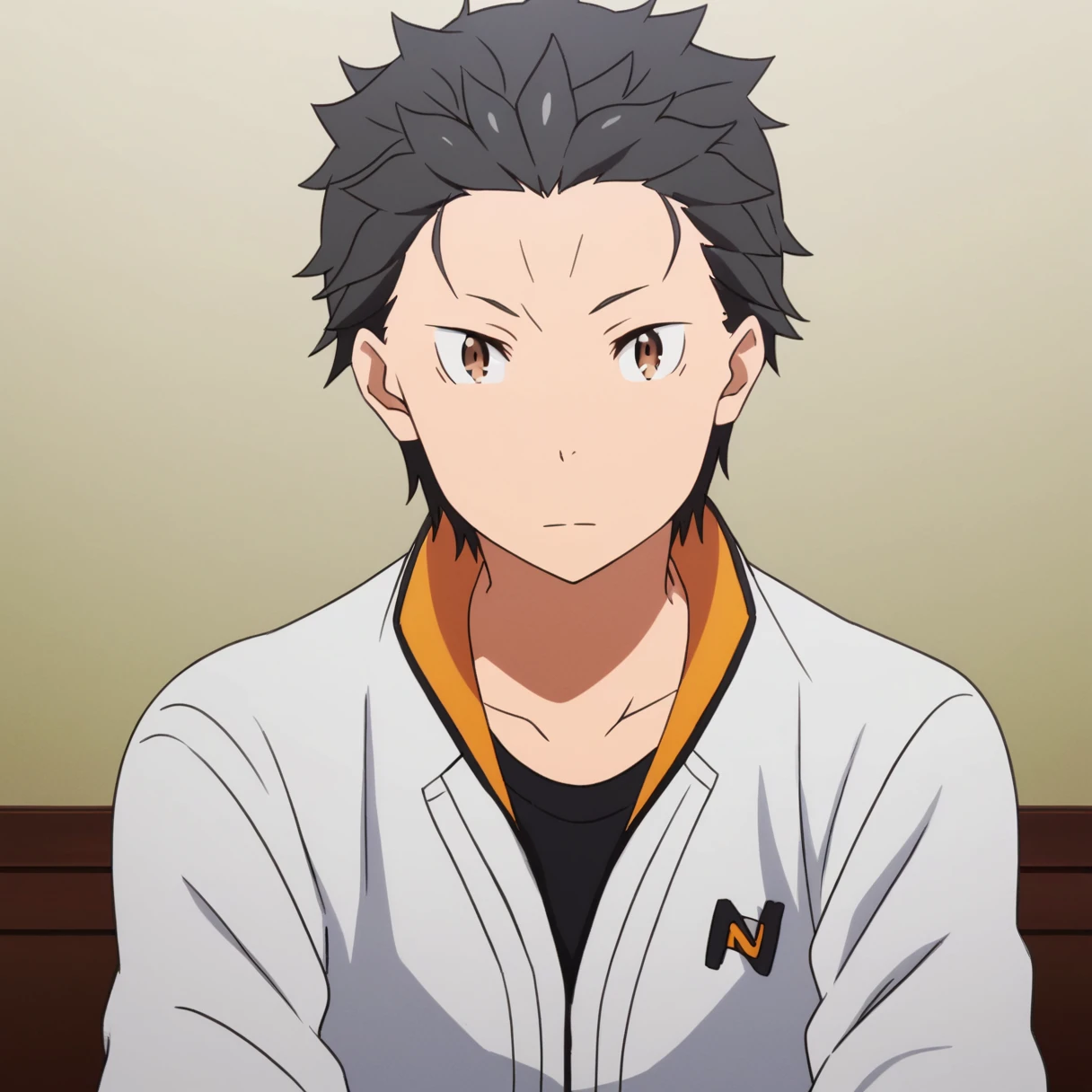 <lora:natsuki_subaru:1> natsuki subaru, 1boy, male focus, black hair, brown eyes, solo, short hair, indoors, hair slicked back, looking at viewer