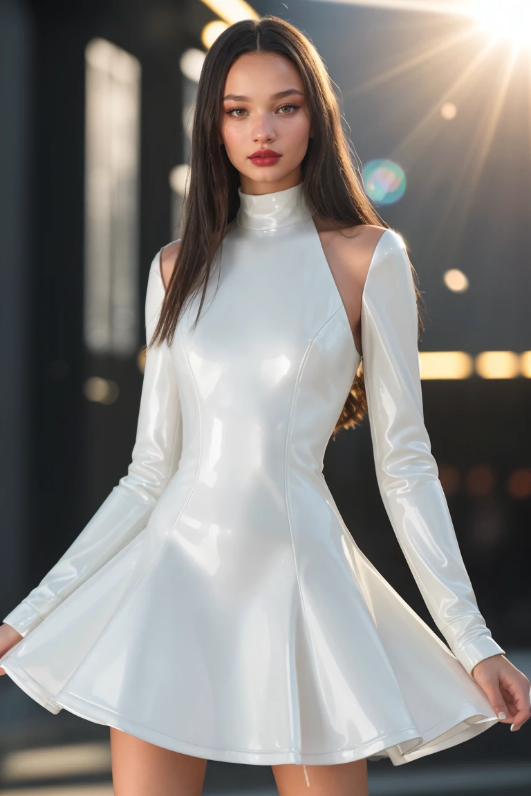 (Cinematic Shot:1.3) DV_S3_Carola_Vicious (Brunette, Skinny, Slim Slender, Long Legs:1.3) ((Photo Focus, DOF, Aperture, insanely detailed and intricate, character, hypermaximalist, hyper realistic, super detailed, (lens flare))) (at the movies wearing a white latex dress:1.4)
