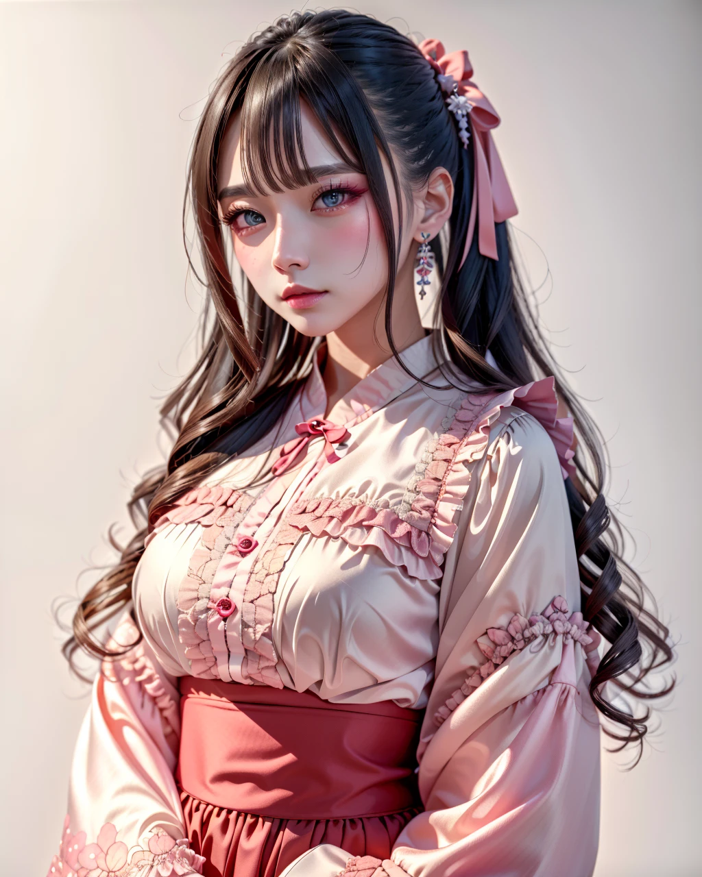 best quality,masterpiece,highly detailed,ultra-detailed, silk clothes
1girl,makeup, fashion, pink clothes,realistic, long sleeves, see-through sleeves, white background, 
 <lora:neg9V2_last:0.5> 
 <lora:jirai2:1> å°é·ç³», jirai