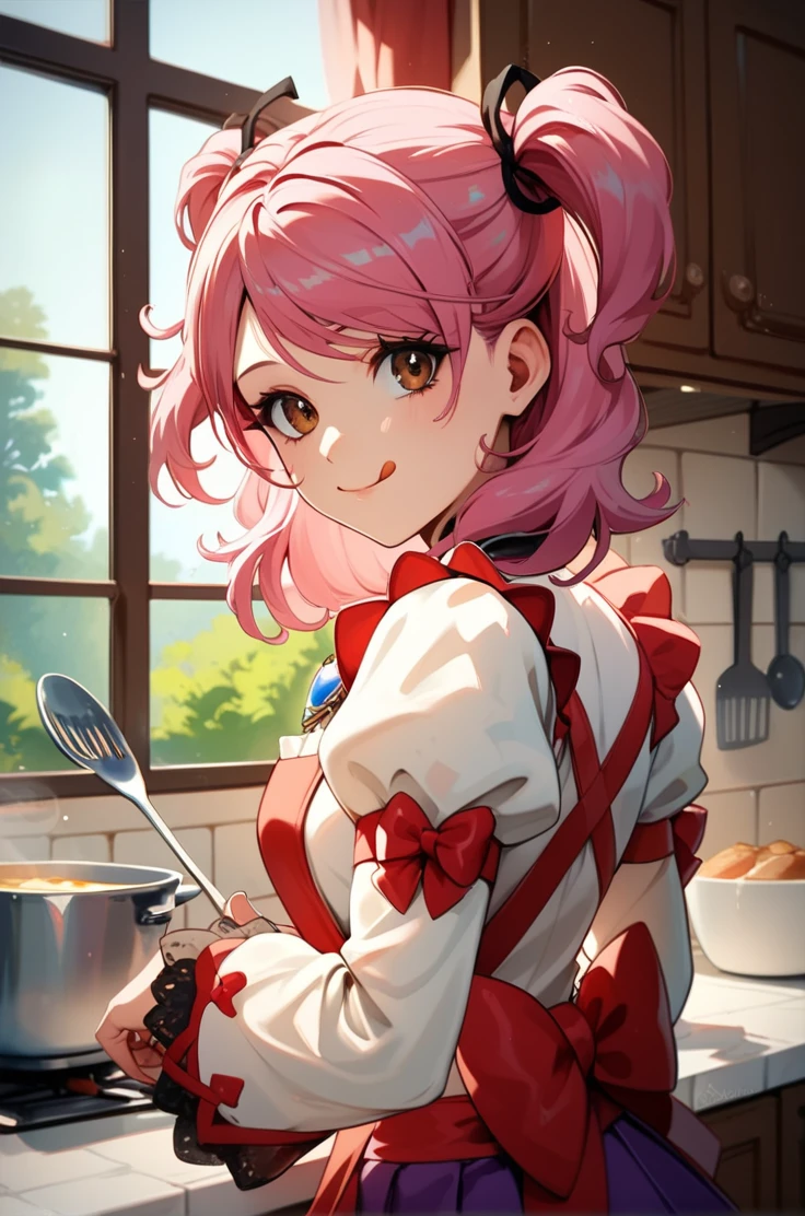 score_9, score_8_up, score_7_up, very aesthetic, source_anime, detailed, high quality, beautiful, masterpiece, detailed eyes,
<lora:lightXL:0.8>
kitchen, indoor, blurry background,
upper body, close up, from behind,
apron, cooking, tongue out, light smile, looking back,
<lora:cheria_autismConfetti_v03:0.95>
cheria barnes, pink hair, brown eyes, twintails, two side up, medium hair,
thighhighs, brooch, long sleeves, puffy sleeves, purple skirt, jewelry, black thighhighs, white footwear, (wide sleeves:0.7), pleated skirt, laces,, zPDXL