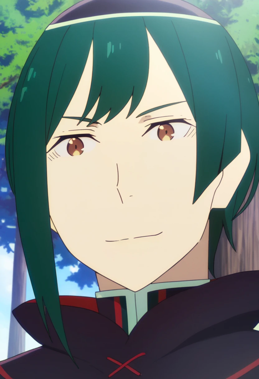 <lora:young_petelgeuse_romaneeconti:1> young, petelgeuse romaneeconti, 1boy, male focus, solo, smile, brown eyes, anime coloring, portrait, looking at viewer, tree, green hair, close-up, outdoors, closed mouth