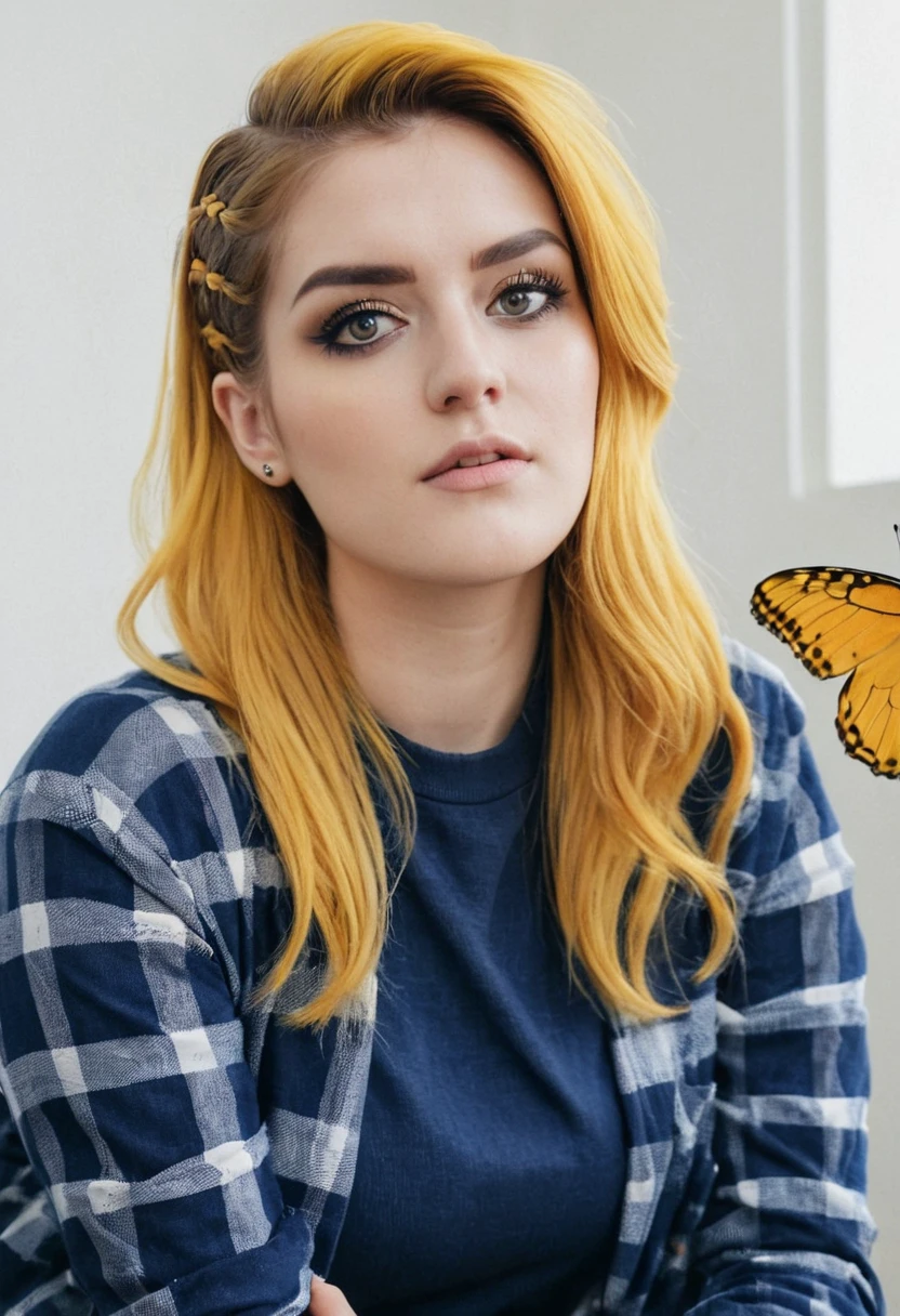 Over-the-Shoulder Shot, cinematic film still of extremely beautiful woman, long hair, short sidebraid, looking at viewer, Sitting with Crossed Legs, Navy blue and mustard yellow hair, Minimalist photography Underground Watercolor Eye Makeup, model face, 22 years old, Butterfly Lighting, Flannel shirt, skinny jeans, and ankle boots