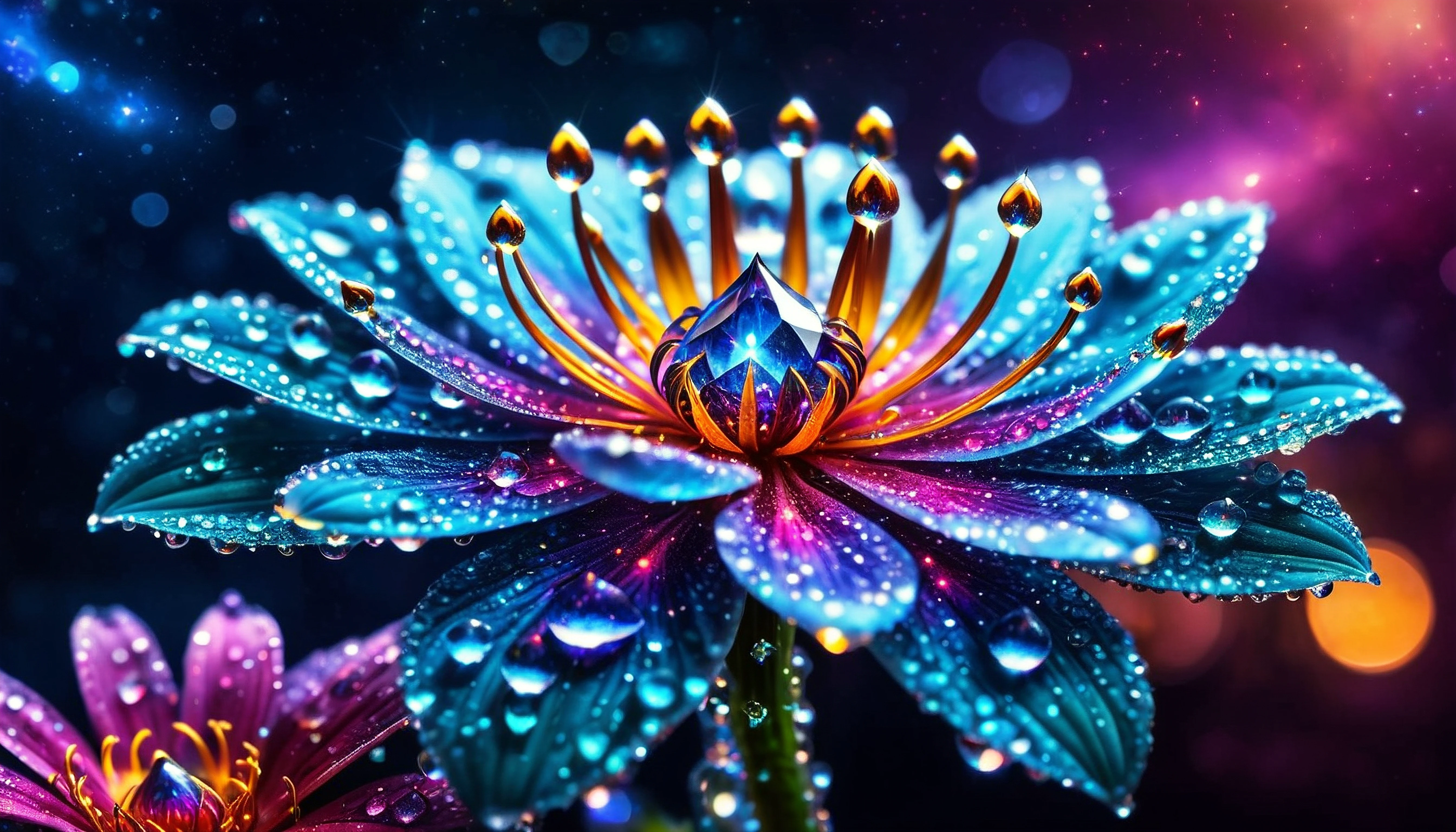 macro photo, sparkling magical fantasy glass flower dewdrop, very detailed, amazing quality, intricate, cinematic light, highly detail, beautiful, surreal, dramatic, galaxy fantasy colors, <lora:SDXLFaeTastic2400:0.3>