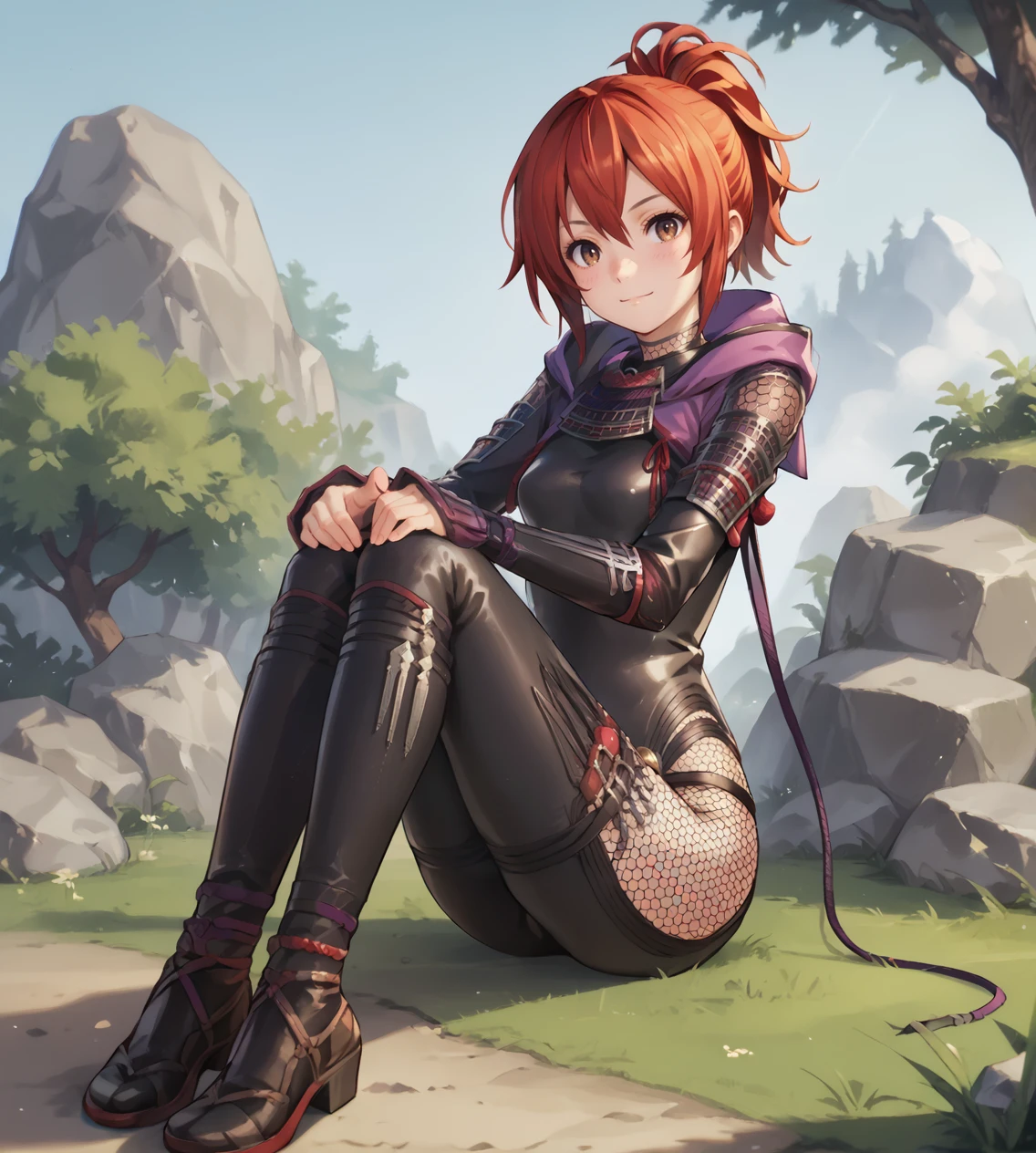 score_9,score_8_up,score_7_up,score_6_up,source anime BREAK,
1girl, solo, sitting, mitsuki, red hair, ponytail, outdoors, bodysuit, fishnets, hood down, brown eyes, looking at viewer
<lora:mitsuki-000010:0.75>
