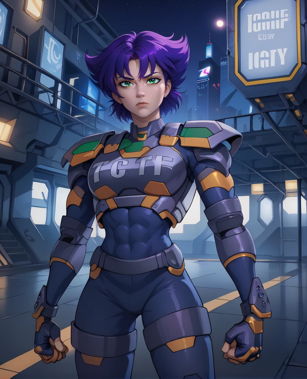 Konokoxl,purple hair,bangs,green eyes,short hair,
standing,TCLF,armor,toned,clenched hands,
bodysuit,grey shoulder pads,fingerless gloves,
midnight,science fiction,night city,<lora:KonokoXL:1>,