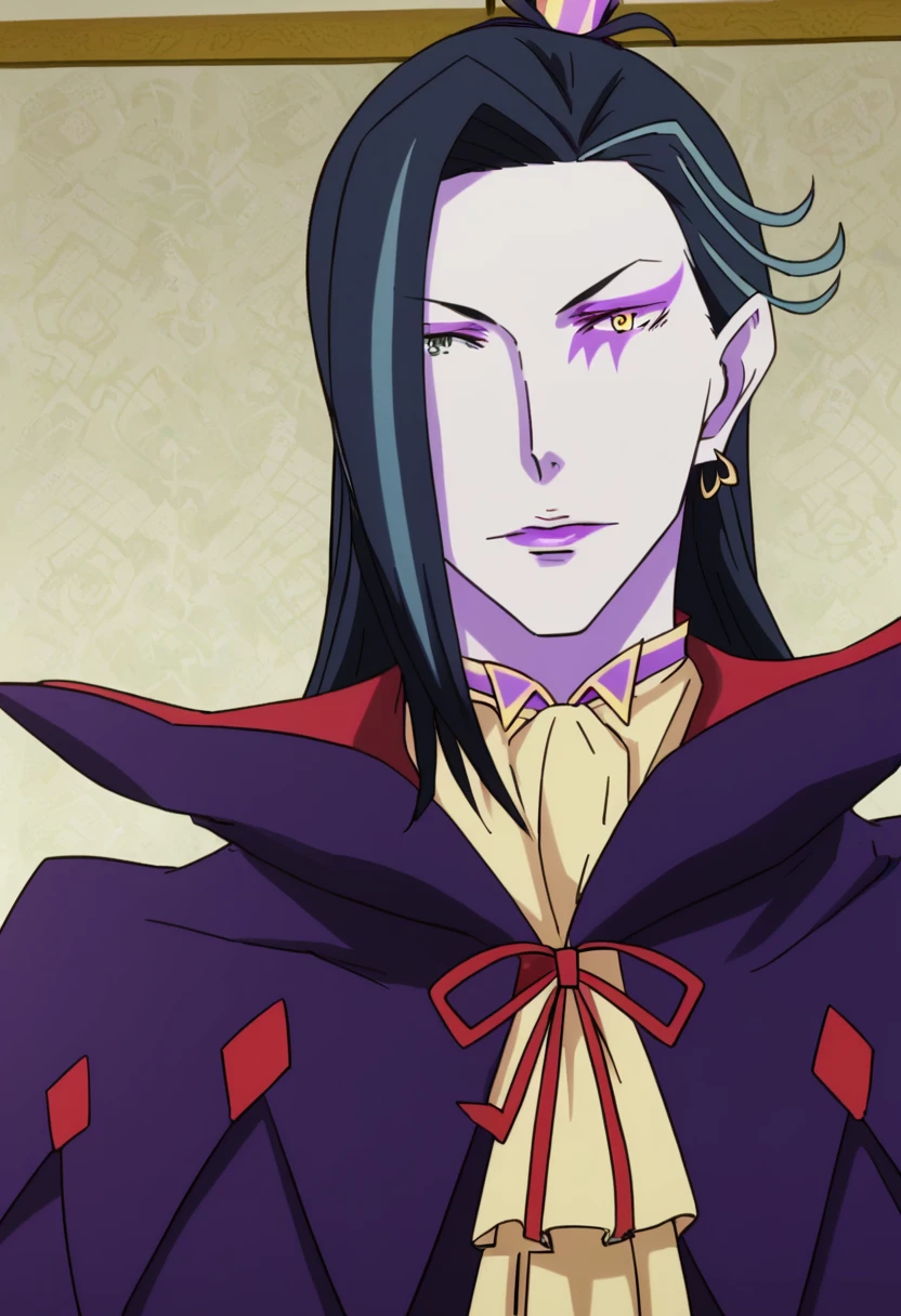 <lora:roswaal_l._mathers:1> roswaal l. mathers, 1girl, solo, earrings, jewelry, black hair, makeup, anime coloring, lipstick, long hair, portrait, yellow eyes, looking at viewer