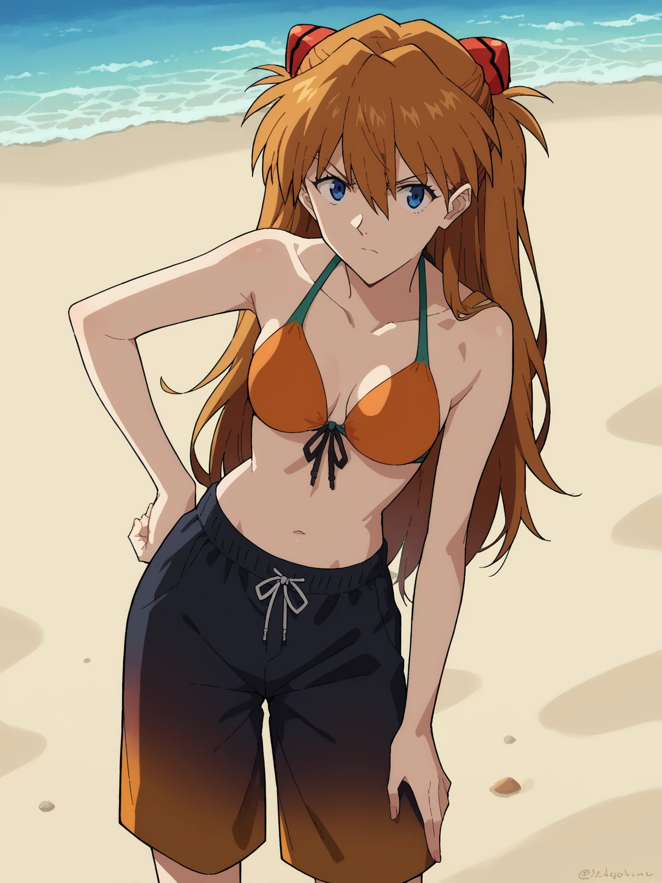 A cute tall girl with long orange hair, Brown eyes, a funny smirk, she's in bikini on the seaside, barefooted, full body pic