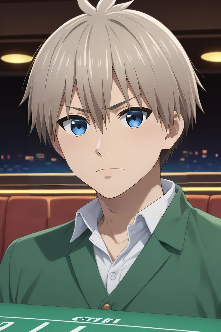 score_9, score_8_up, score_7_up, source_anime, (photorealistic:0.6), , , , 1boy, solo, male focus, <lora:kiri_uzaki_pony:0.92>, kiri_uzaki, grey hair, blue eyes, short hair, hair between eyes, bangs, , casino, , <lora:sdxl_lightning_8step_lora:1>