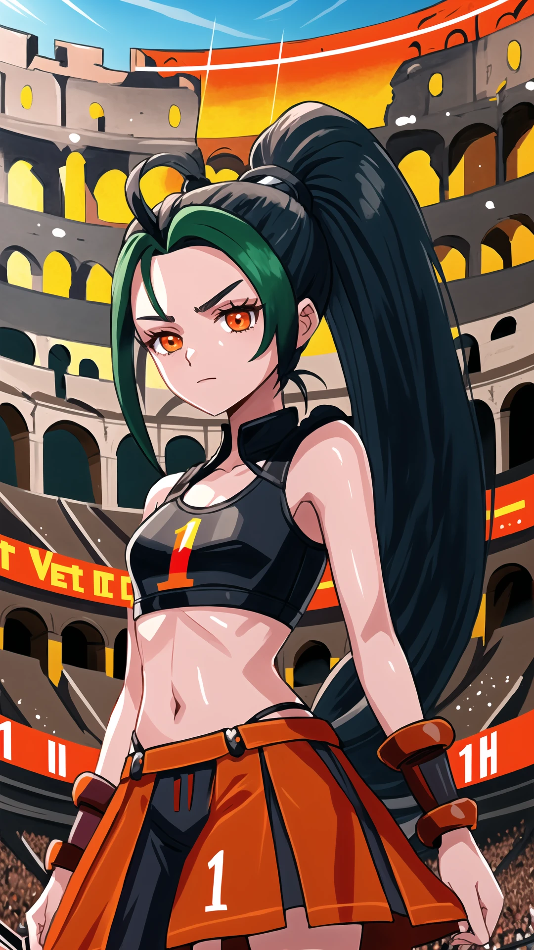 <lora:LettersOnShirtV2:1> WrOnCl, Number-1, colosseum, arena, stadium,   <lora:nemona pokemon by Goofy Ai:0.8> nemona , long hair, orange eyes, ponytail