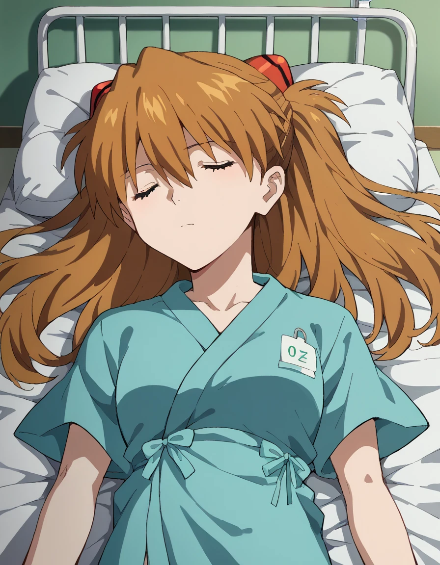 score_9, score_8_up, score_7_up, source_anime,
asukalangley, <lora:asuka-langley-soryu-rebuild-ponyxl-lora-nochekaiser:1>,
asuka langley soryu, long hair, bangs, brown hair, hair ornament,
<lora:hospital-gown-ponyxl-lora-nochekaiser:1>, hospital gown,
indoors, hospital, lying on back, sleeping, hospital bed, closed eyes,
looking at viewer, dutch angle, cowboy shot,