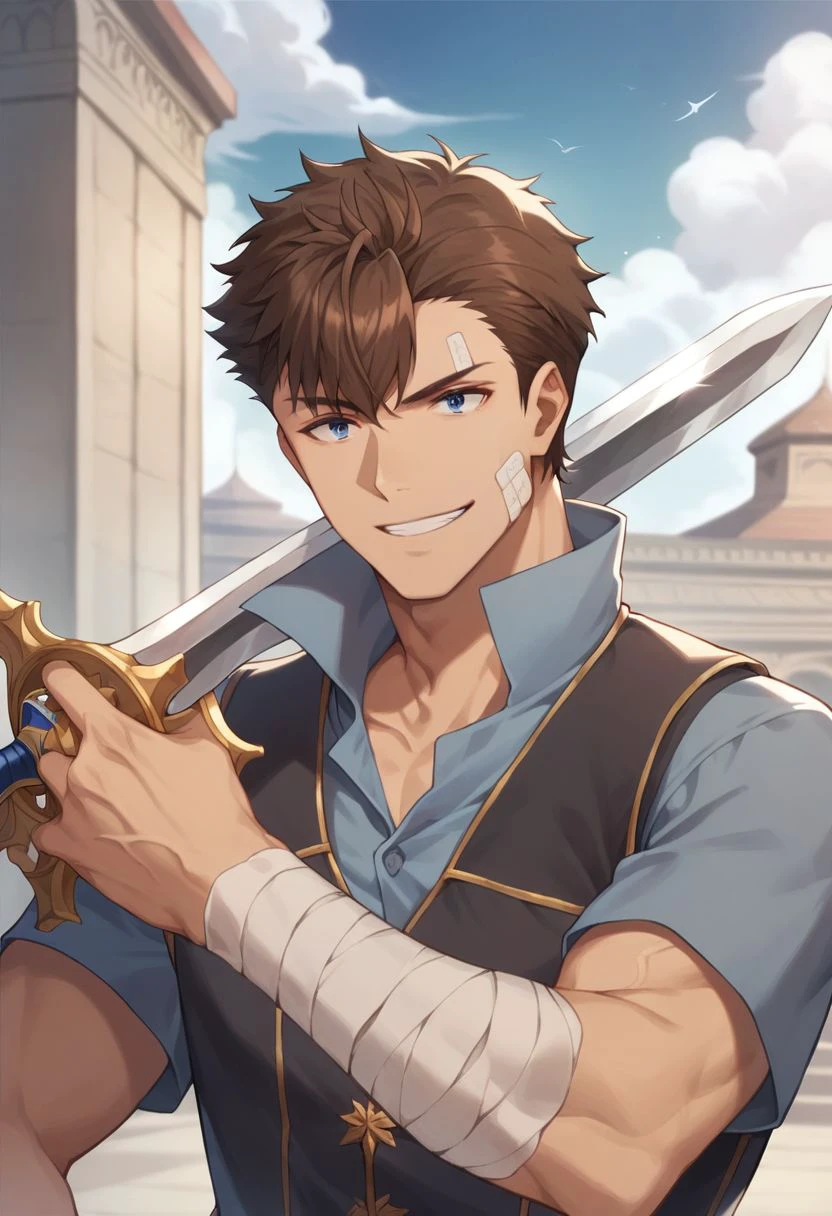 score_9, score_8_up, score_7_up, 
1boy, solo, adult, brown hair, blue eyes, dark vest, blue shirt, bloodied bandage, head bandage, smile, holding sword, coliseum
masterpiece, best quality, very aesthetic, absurdres