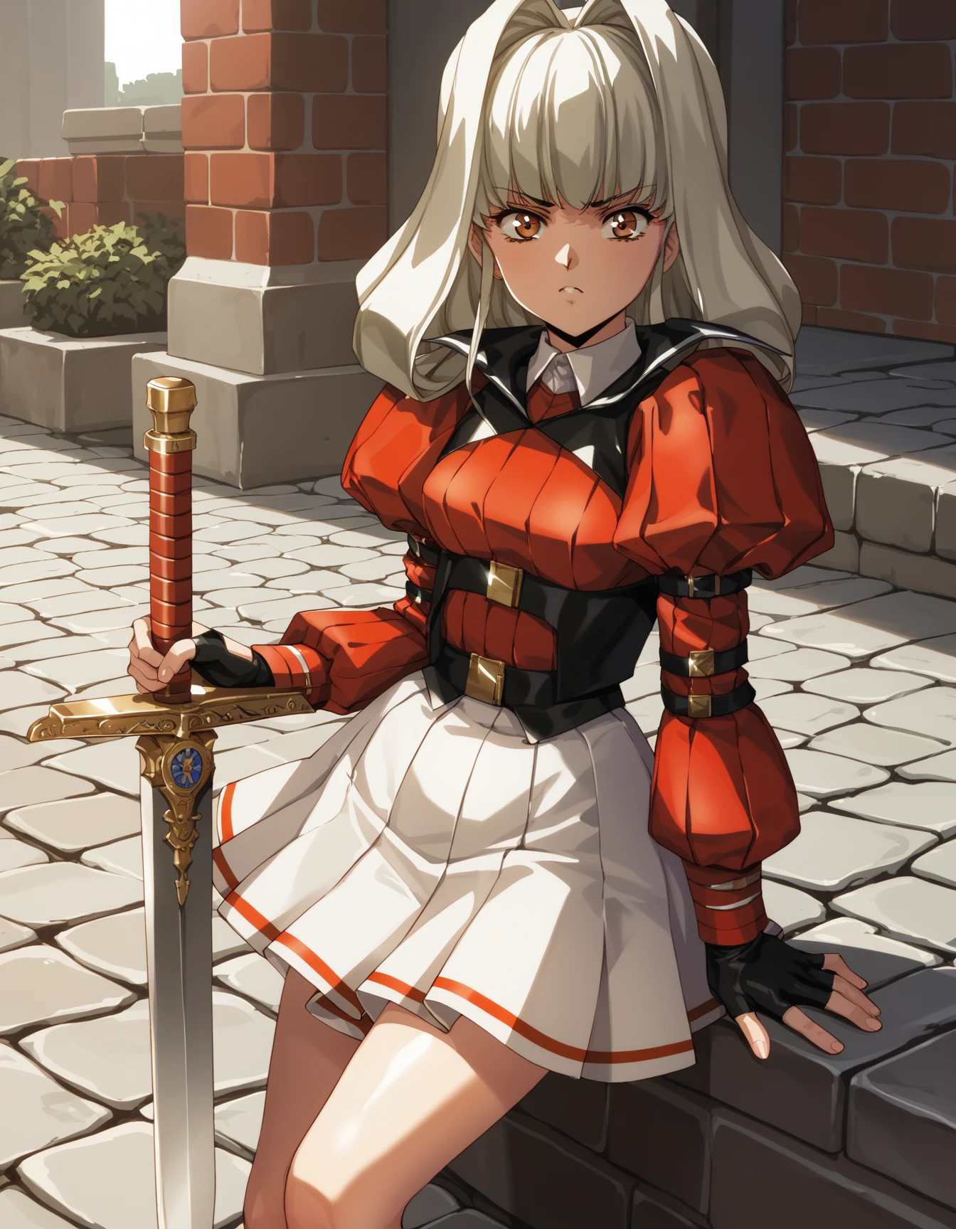 score_9, score_8_up, score_7_up
<lora:charlone-growlanser-ponyxl-000020:1> charlone claudius, red sleeves, red shirt, juliet sleeves, microskirt, white skirt, fingerless gloves,
1girl, solo, looking at viewer, v-shaped eyebrows, intense, sword, outdoors, cobblestone