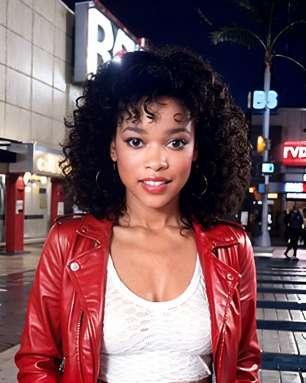 <lora:80C0384467:0.8> o1a ray, wonderful portrait of her, photorealistic, ((5-sfw)), wearing a nice ((red leather jacket)), a white t-shirt underneath, with buckles and angled shoulder pads. (((5- she is in front of movie theater  at night. Ola ray body. Small curly hair. Cute lively eyes looking at viewer.)))