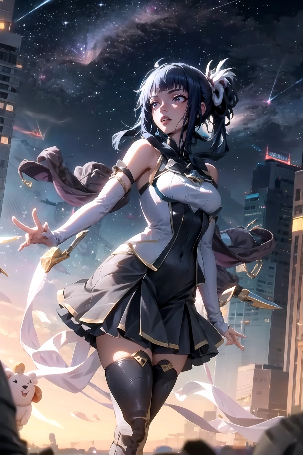 1girl, <lora:StarGuardian-14:0.9>, StrGrdn, twintails, starry sky, star (sky) <lora:DNikke-12:0.7>, DNikke, black hair, best quality, masterpiece, highres