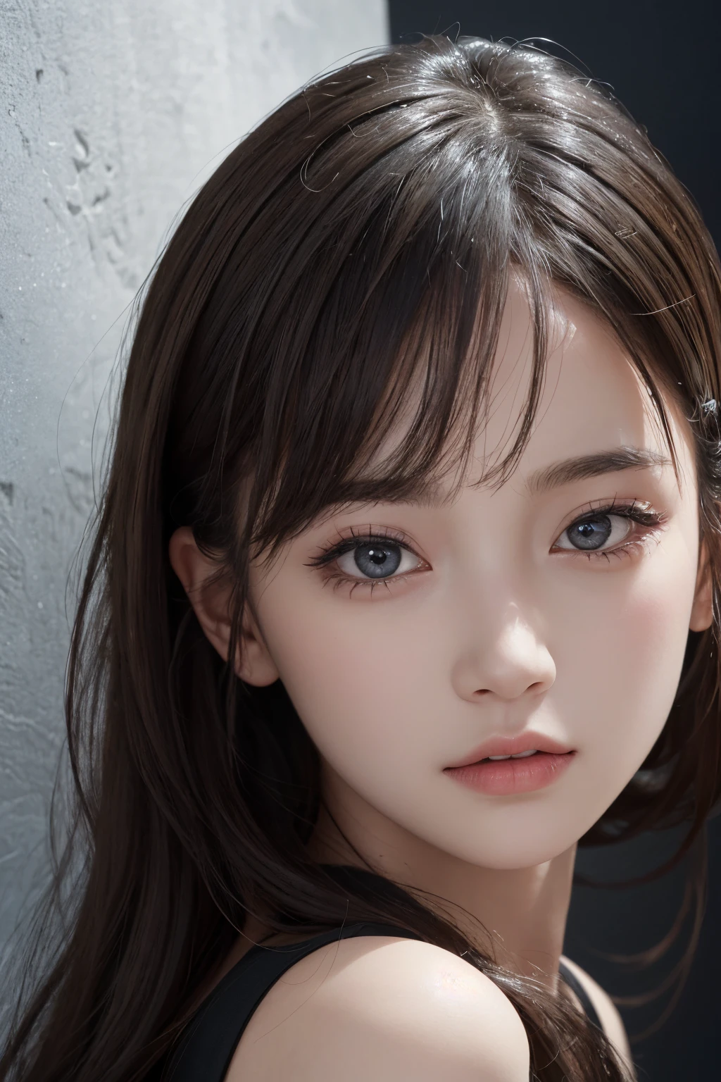 1girl, upper body, (masterpiece, best quality), RAW photo, 16k wallpaper, extremely detailed CG, amazing, ultra detailed, hyperrealistic, official art, High quality texture, incredibly absurdres, highres, 18 years old, cute girl, beautiful face, detailed large black eyes,
