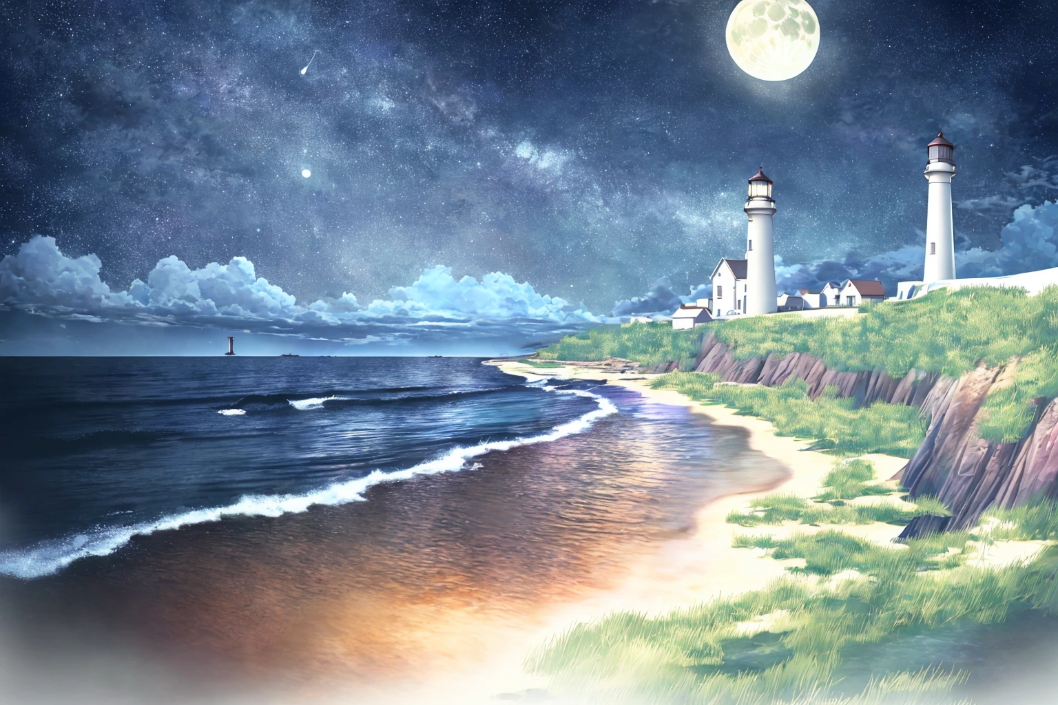 masterpiece, ultra-detailed, best quality, illustration, 8k cg wallpaper, an extremely delicate and beautiful, stunning landscape, beach, lighthouse, moon, stars, clouds, intricately detailed items in background, <lora:Beyond_Eyes:1>