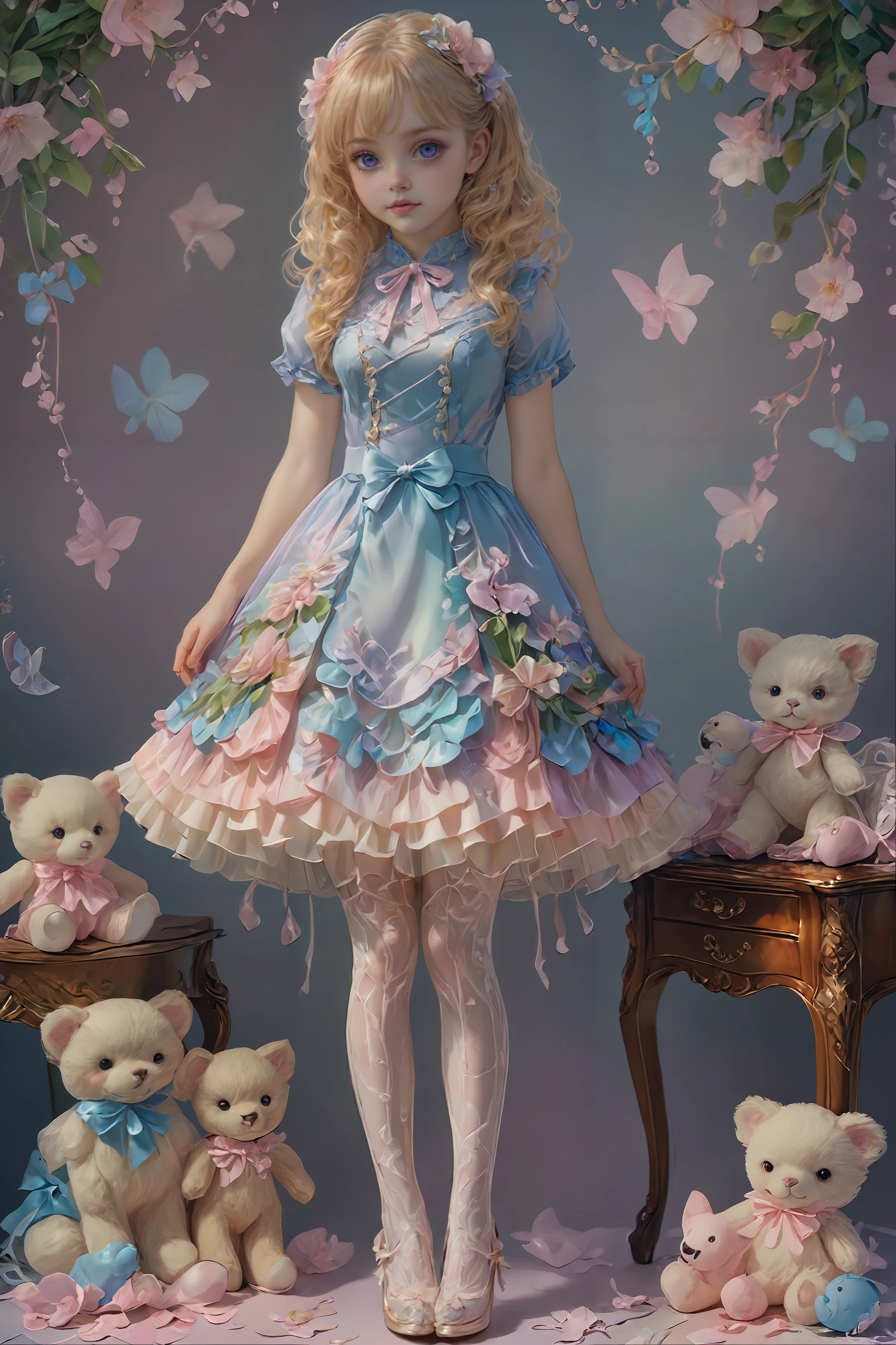 highly detailed photorealistic (full body:1.4) photograph of young cla1re wearing a sweetegl, clutching a stuffed animal, tights, heels,  highly detailed textures,  1r1d3sc3nc3XL, cinematic lighting, realistic lighting, <lora:1r1d3sc3nc3XL:0.75>  <lora:detailed_notrigger:1.0> <lora:SweetLolitaXLv4.23:1.0> <lora:cla1re3 (20):1.0>