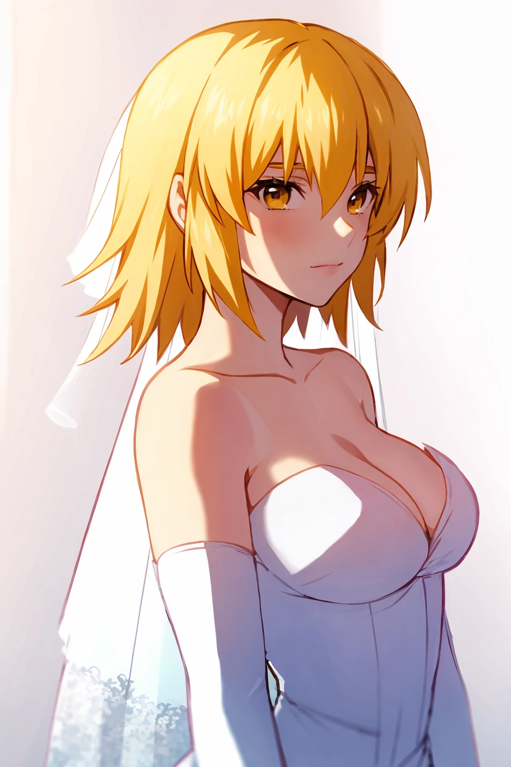 masterpiece, best quality, <lora:cagalli:1>,from side,
1girl, solo, blonde hair, dress, veil, wedding dress, bridal veil, white dress, short hair, yellow eyes, hair between eyes, upper body, looking at viewer, white background, strapless, strapless dress, collarbone, bangs, breasts, closed mouth, elbow gloves, gloves, sleeveless dress, sleeveless, bare shoulders, cleavage, simple background