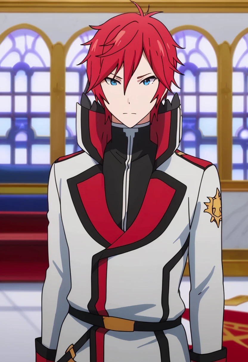 <lora:reinhard_van_astrea:1> reinhard van astrea, 1boy, male focus, solo, red hair, blue eyes, high collar, looking at viewer, closed mouth