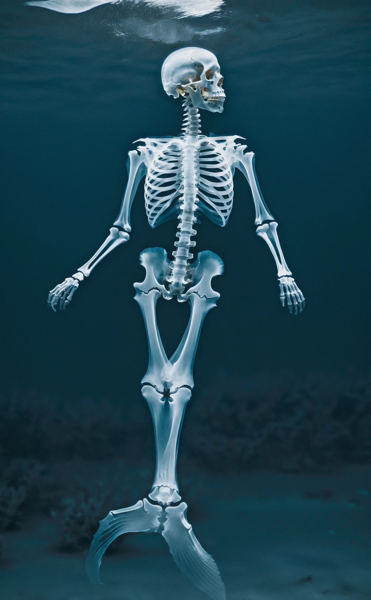 film photography aesthetic,Ethereal underwater scene, ghostly blue monochromatic color palette, X-ray of a fish, skeletal structure revealed, haunting, marine animal amidst faint textures suggesting water currents or sediment, artistic representation reminiscent of a scientific scan, strong visual contrast, detailed anatomical features, delicate bones and spine visible, translucent, a blend of realism and abstraction, evoking a sense of oceanic depth and biological intrigue.,Vibrant,whimsical