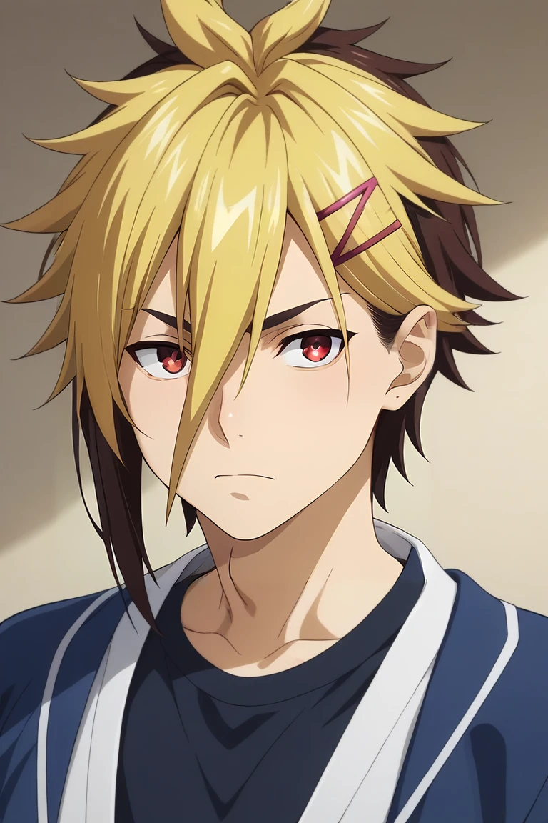 score_9, score_8_up, score_7_up, source_anime, , , , , 1boy, solo, male focus, <lora:terunori_kuga_pony:0.84>, terunori_kuga, blonde hair, red eyes, multicolored hair, two-tone hair, brown hair, dyed bangs, hair ornament, hairclip, bangs, hair between eyes, , The Kingdom of the Unicorn, , <lora:sdxl_lightning_8step_lora:1>