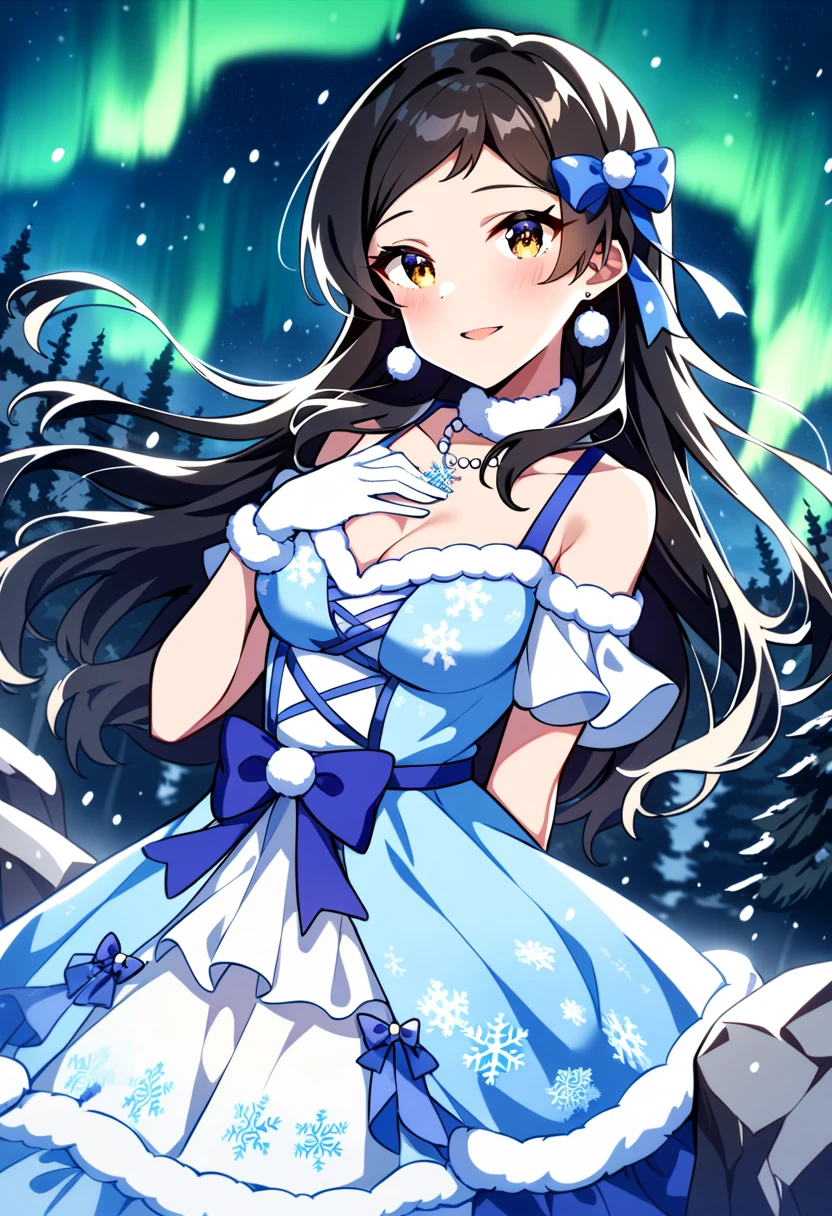 masterpiece, best quality, very aesthetic, absurdres,
kitazawa shiho, bright aurorajewel, 1girl, brown eyes, solo, brown hair, aurora, looking at viewer, open mouth, white gloves, jewelry, fur trim, dutch angle, mountain, fur-trimmed gloves, outdoors, cleavage, bare shoulders, night, smile, winter, hair bow, hand on own chest, blue dress, snowflakes, collarbone, snowing, night sky, sleeveless dress, blush, star \(sky\), fur-trimmed dress, blue bow, medium breasts, bare tree, standing, hair ornament, frills, starry sky, hair ribbon, snowflake print, purple bow, fur collar, cloud, layered dress, floating hair, earrings, parted bangs, star \(symbol\), very long hair, depth of field, nature, pom pom \(clothes\), off shoulder, lens flare, winter clothes, storm, swept bangs, yellow eyes, black hair, beads, frilled dress, cowboy shot, blue theme, wind, blue ribbon, short sleeves, pendant, purple dress, forest, blurry foreground, white dress, pearl necklace, detached sleeves, pearl \(gemstone\), hand up, bracelet, head tilt, sparkle, rock, frilled gloves, print dress, dress bow, arm support, blue choker, dot nose, white choker, blurry background, cross-laced clothes, two-tone dress, detached collar, fur-trimmed sleeves, sidelocks, parted lips
<lora:kitazawa_shiho_sdxl_ani31_p_locon_v1:0.8>