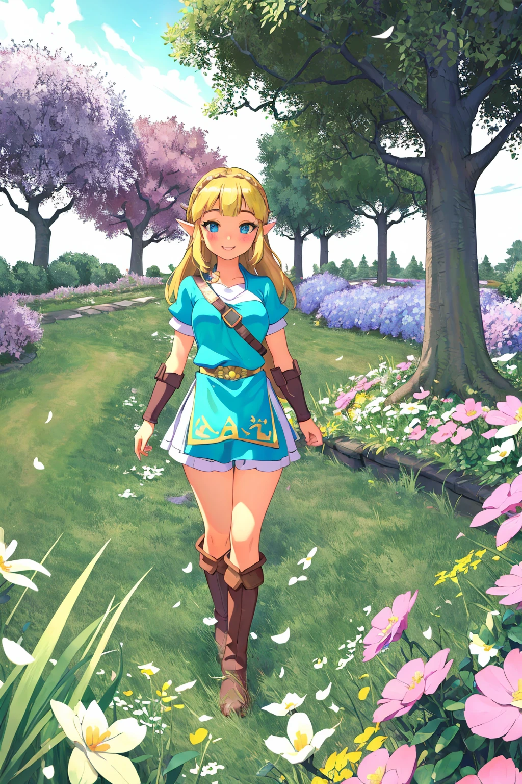 masterpiece, ultra-detailed, best quality, illustration, 8k cg wallpaper, an extremely delicate and beautiful, 1girl, Princess Zelda /(The Legend of Zelda/), solo, perfect anatomy, smiling, blushing, perfect arms, perfect legs, cute, pretty, beautiful, sexy, perfect body, (background: flowery field, grass, trees, flowers, ruins, intricately detailed items in background), <lora:Beyond_Eyes:0.8>