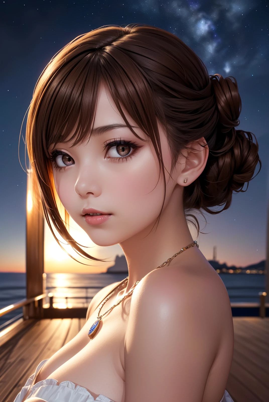 (top quality, 8k wallpaper), (masterpiece, best quality, high resolution, ultra details:1.2), extreme quality, sharp focus, photorealistic, ultra detailed, (1girl, she is young Japanese girl), (brown hair, updo hair, focused eyes, extreme close up, dark brown eyes:1.3), (shiny skin, extremely detailed skin), BREAK (from front, front view, front face, looking at viewer:1.2), (necklace:1.1), (ht sky, starry sky, she is on the deck of the Titanic of luxury liner at nig a luxury liner, darkness, rim lighting, extremely detailed background:1.3),