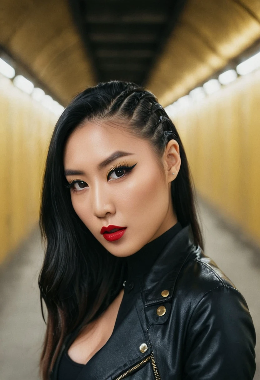 cinematic film still of extremely beautiful woman, long hair, short sidebraid, looking at viewer, asian, analog style, model face, 22 years old, Rim Lighting, Black and gold hair, Editorial photography Urban Tunnel Bold Lips Makeup,