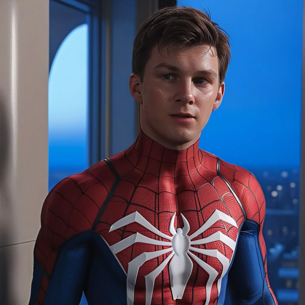 ASCII centered, realistic, peter_parker, advancedsuit, shirtless, slim lean body, sweaty, highly detailed skin, (highly detailed reflective blue eyes: 1.1), inside an apartment, 8k, 4k, Painstaking Attention To Details