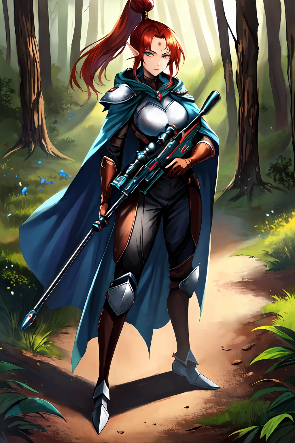 ((masterpiece,best quality)),,1girl,yrlietrt,solo,elf,high ponytail,standing,full body,armor,pants,cape,holding gun,sniper rifle,in forest,detailed background, <lora:YrlietRT:0.7>, fcDetailPortrait