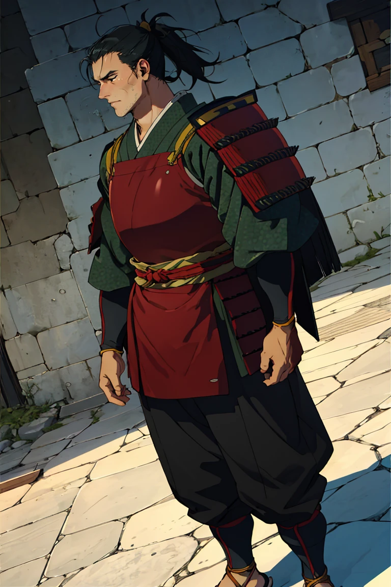 solo male, Shuro \(Delicious in Dungeon\), samurai, black eyes, black hair, ponytail, neat hair, shaved face, japanese armor, green Juban \(kimono\), breastplate, kusazuri, shoulder armor, sode, kote, puttee, sandals, handsome, charming, alluring, standing, upper body, perfect anatomy, perfect proportions, best quality, masterpiece, high_resolution, dutch angle, cowboy shot, photo background<lora:EMS-352607-EMS:0.800000>, <lora:EMS-498-EMS:0.800000>