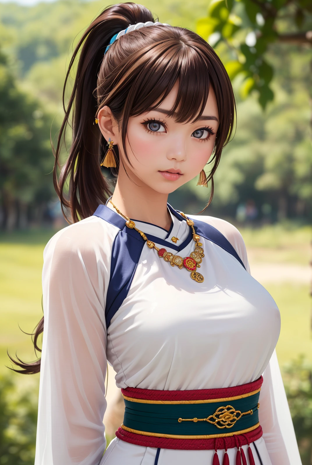 (top quality, 8k wallpaper), (masterpiece, best quality, high resolution, ultra details:1.2), extreme quality, sharp focus, photorealistic, ultra detailed, (1girl, she is young Japanese girl), (brown hair, ponytail, medium , bangs, focused eyes:1.3), (upper body, shiny skin, extremely detailed body, extremely detailed skin), BREAK (from front, front view, front face, looking at viewer, standing, model posing:1.2), (perfect fingers), (facing viewer, panorama, far-reaching), (necklace, bangle:1.1), (she is in a tribe in Africa, the natives surround her, 6+indigenous people of Ethiopia, outdoors, detailed background:1.3), (she is wearing ao dai:1.3),