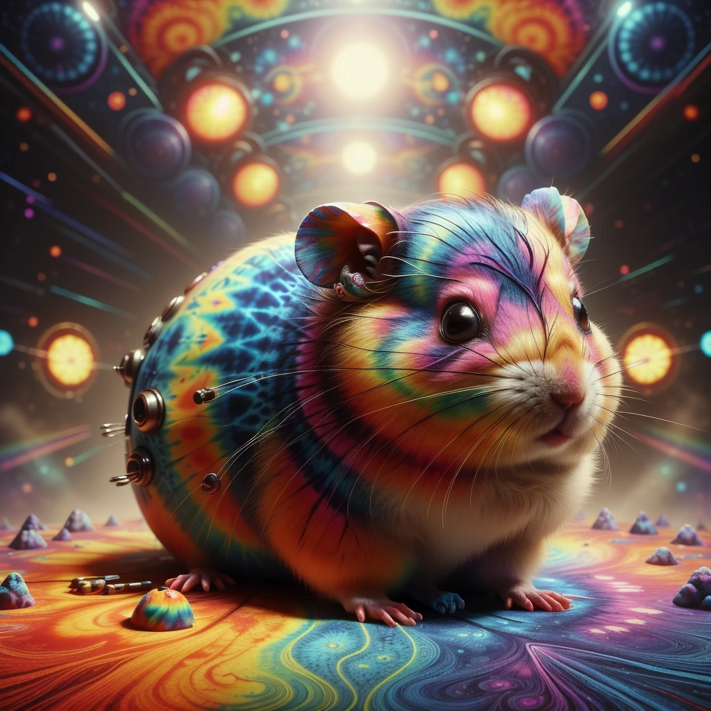 <lora:EPtiedyeworld:0.8>,eptiedyeworld, scifi, caustics, psychedelic,
 cute, hamster, beanie, festival, hippies