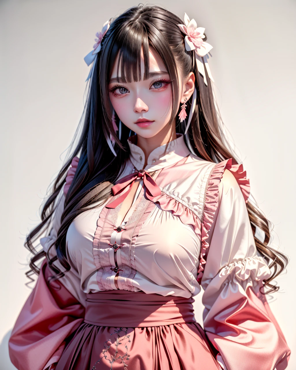 best quality,masterpiece,highly detailed,ultra-detailed, silk clothes
1girl,makeup, fashion, pink clothes,realistic, long sleeves, see-through sleeves, white background, 
 <lora:neg9V2_last:0.5> 
 <lora:jirai2:1> å°é·ç³», jirai