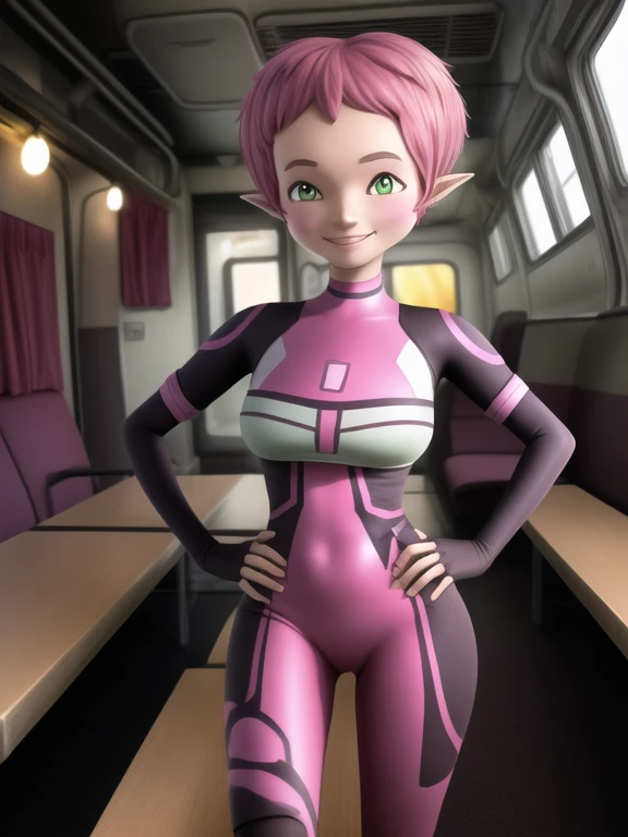 1girl, solo, short hair, breasts, bodysuit, smile, looking at viewer, pink hair, pointy ears, green eyes, hand on hip, medium breasts, pink bodysuit, skin tight, very short hair, cowboy shot, aelita<lora:Aelita evo:0.7> curvy, legs apart<lora:more_details:0.5> (skindentation:1.8)train interior, siting on chair