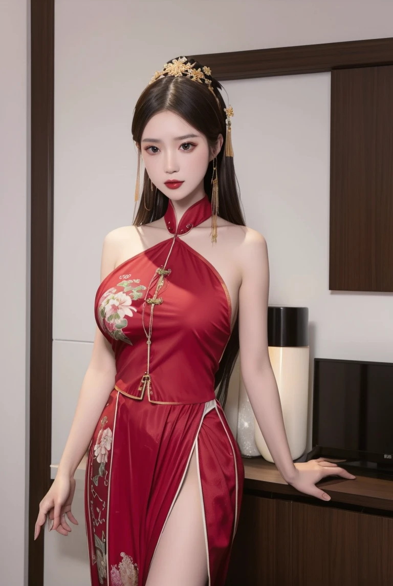 1girl,solo,large breasts,china dress,<lora:LaGaVerSidelessChinaDressV2f:1>
hand on hip,fur trim, bare legs, blush