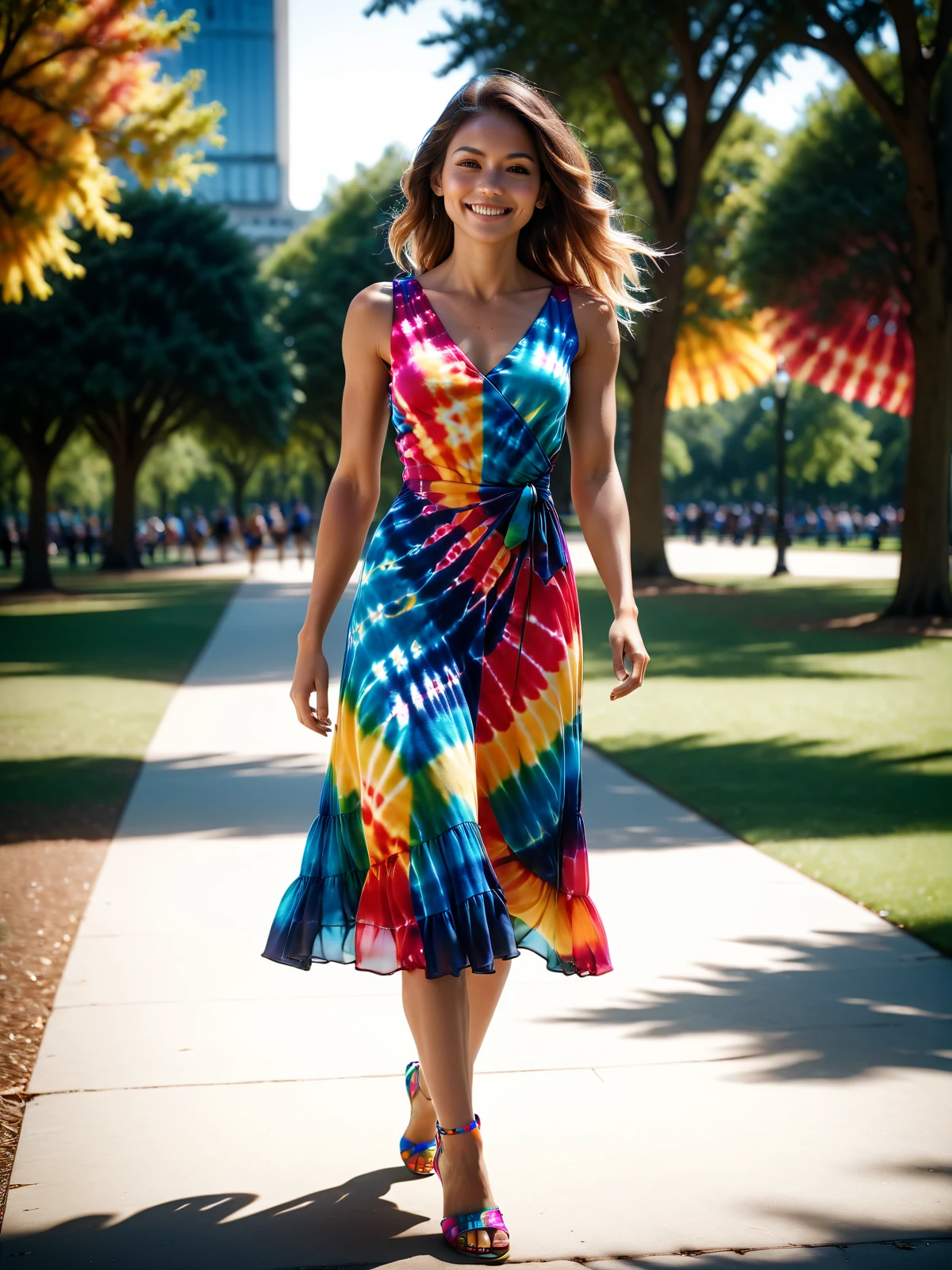 woman wearing a colorful mad-tie-dye dress walking through park, dynamic_pose, from side, light smile, cinematic shot <lora:Colorful_TieDye_SDXL_v2:1>, masterpiece, best quality, ultra high res, (photorealistic, realistic:1.2), deep shadow, raw photo, film grain, Fujifilm XT3, 8k uhd, dslr