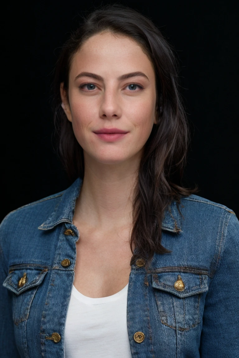 1girl, solo, portrait, blue denim jacket, smirk, looking at viewer, simple black background, masterpiece, best quality, ultra-detailed, ultra high res, (photorealistic:1.4), raw photo, (realistic:0.2), 8k HDR, f1.4, 40mm, photorealistic, raw, 8k, textured skin, skin pores, intricate details
 <lora:PAseer-SD15-LCM Quick:1> <lora:0tool_picxer_real:1> <lora:ks92_uk_lora_v01:1> ks92