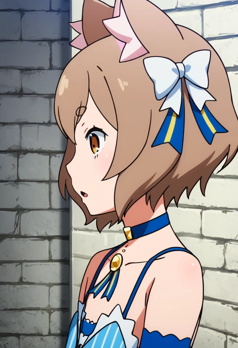<lora:felix_argyle:1> dress, felix argyle, male focus, 1boy, animal ears, otoko no ko, choker, bow, brown hair, solo, from side, detached sleeves, cat ears, white bow, dress bow, hair bow, bolo tie, brick wall, short hair, spaghetti strap, vertical-striped dress, striped dress, upper body, pendant, striped, ribbon, bare shoulders, thick eyebrows, blue choker, bangs, profile, parted lips, collarbone, striped ribbon, jewelry, large bow, blue ribbon, vertical stripes, short eyebrows, arm ribbon, open mouth, brown eyes, blue dress, lace-trimmed sleeves, frills, hair between eyes, parted bangs, hair ribbon, eyelashes