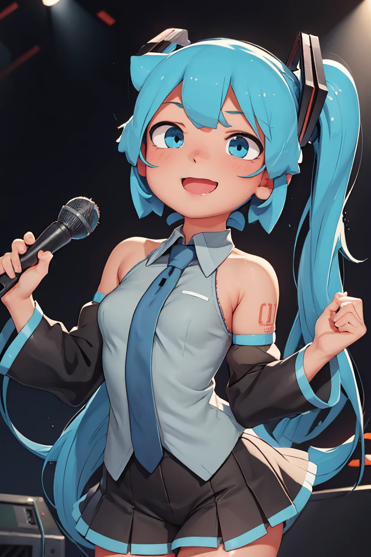(masterpiece, best quality:1.3), 1girl, Hatsune Miku, (smile:1.1), long hair, twintails, bangs, hair ornament, solo, aqua hair, (open mouth:0.7), concert stage <lora:abmayo_v1:1>