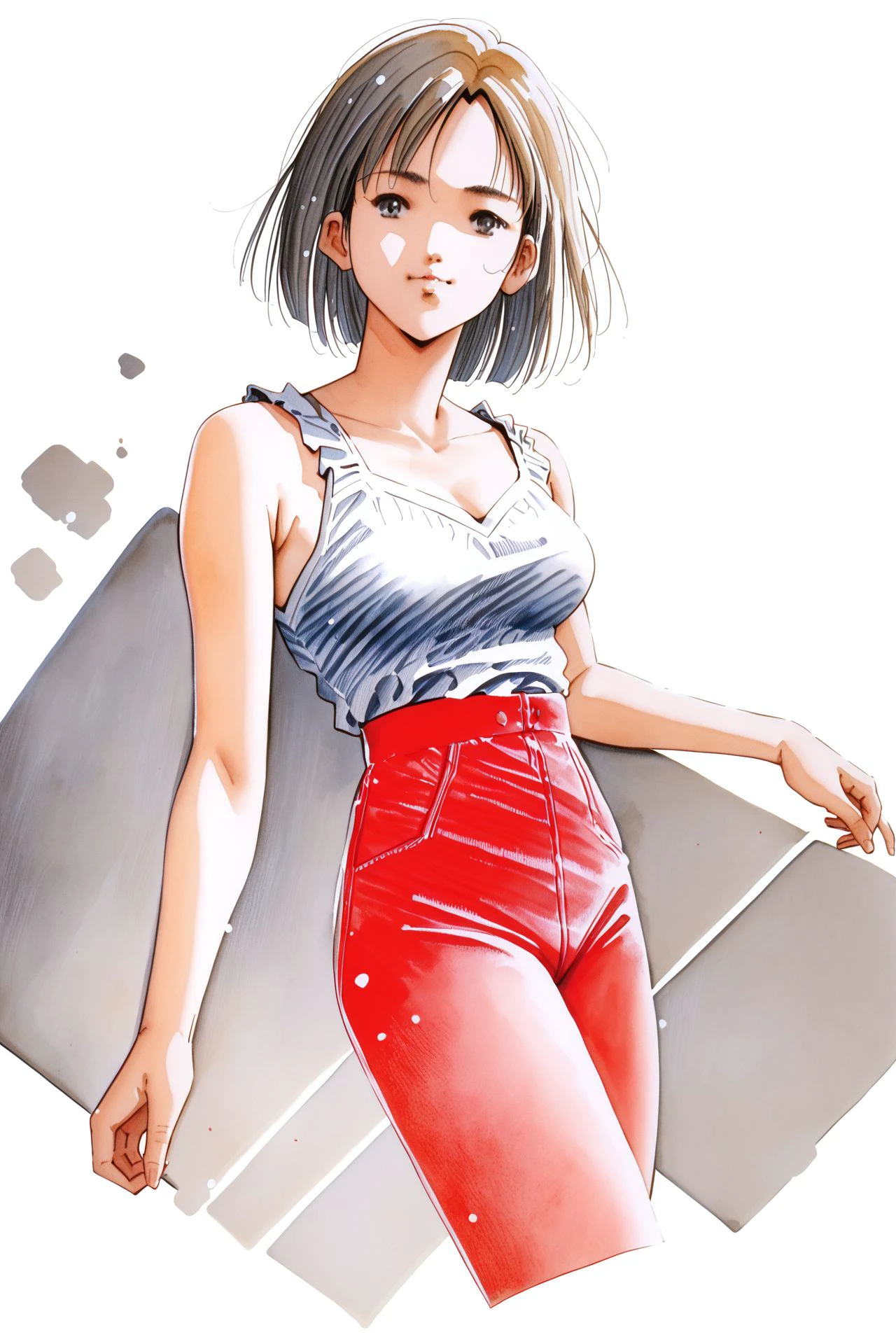 score_9, score_8_up, score_7_up, 1girl, :D, looking at viewer, bronze hair, textured_bangs, dark_grey eyes, medium breasts, arms_up, white_background, traditional media, watercolor \(medium\),  <lora:Mikimoto_Haruhiko_PonyXL_style_v01:1>