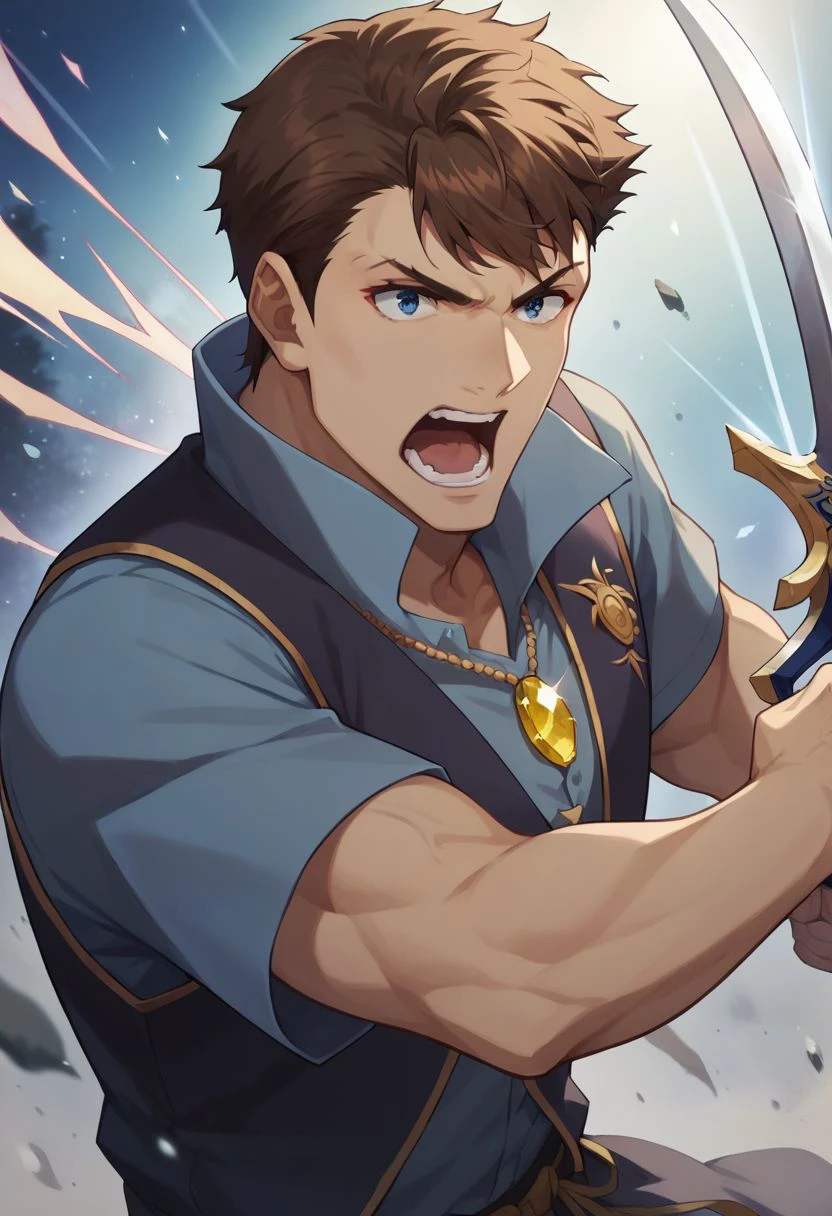 score_9, score_8_up, score_7_up, 
1boy, solo, adult, brown hair, blue eyes, dark vest, blue shirt, yellow gem necklace, holding sword, fighting, open mouth, night
masterpiece, best quality, very aesthetic, absurdres