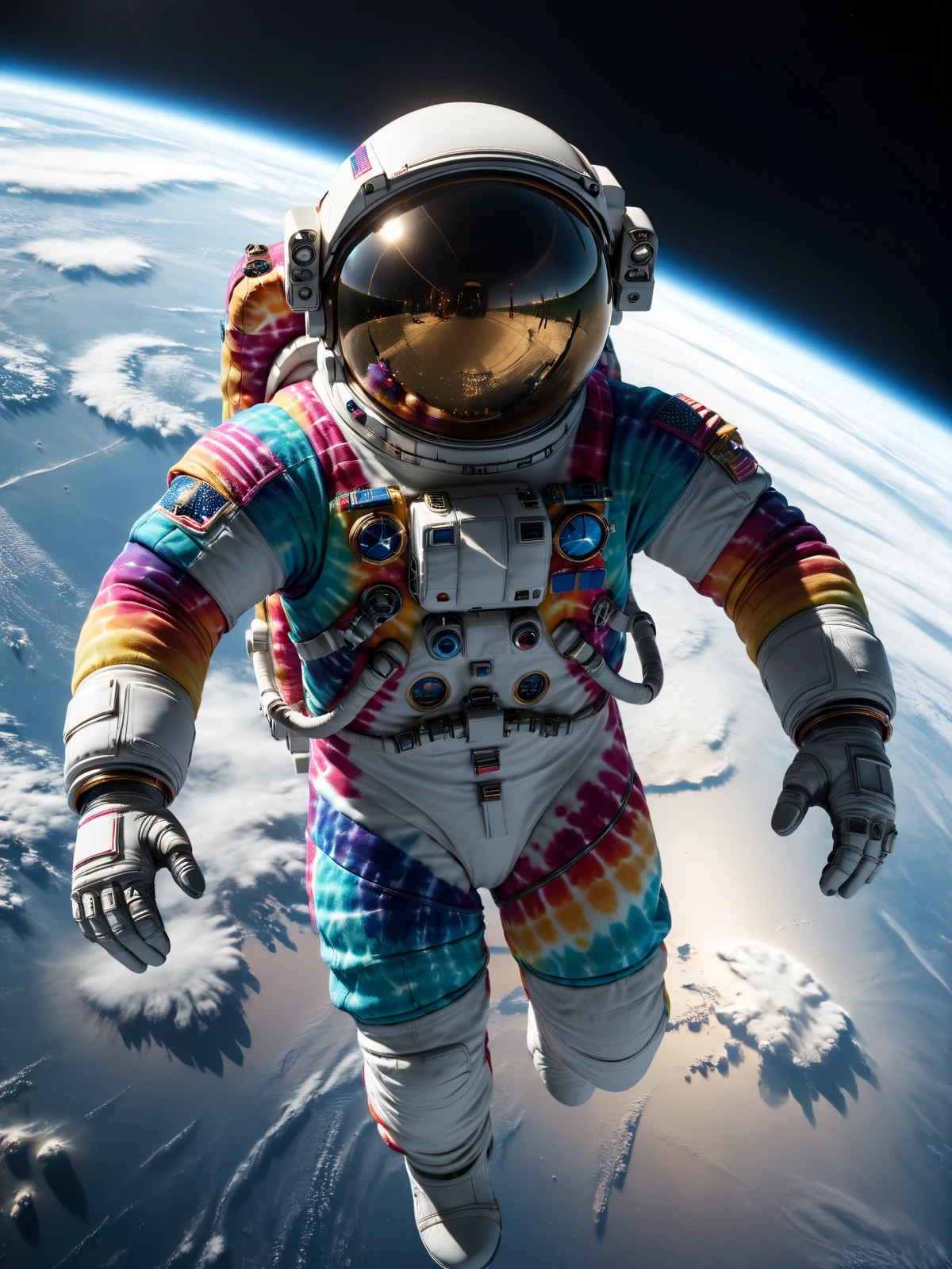 close-up of a mad-tie-dye astronaut floating in orbit of earth, cinematic shot, detailed illustration, cinematic shot <lora:Colorful_TieDye_SDXL_v2:0.6>, masterpiece, best quality, ultra high res, (photorealistic, realistic:1.2), deep shadow, raw photo, film grain, Fujifilm XT3, 8k uhd, dslr