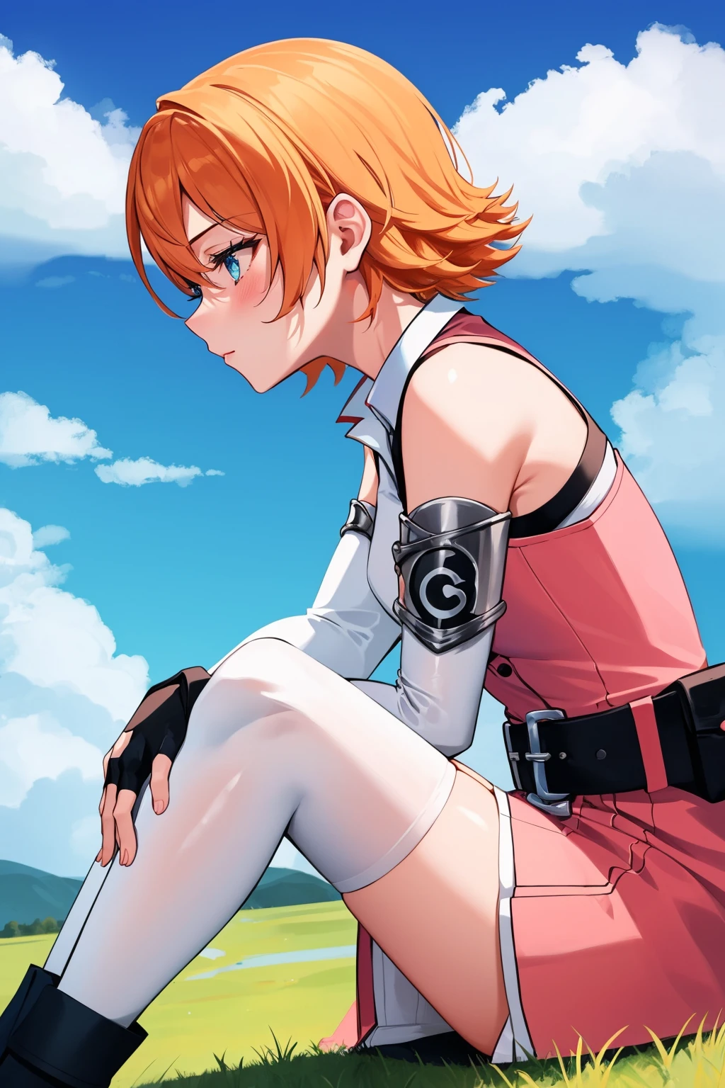 masterpiece, best quality, 1girl, <lora:noravalkyrie-nvwls-v1-000009:0.9> nora, sleeveless dress, pink dress, belt, detached sleeves, black gloves, fingerless gloves, white thighhighs, black boots, sitting, on ground, knees up, from side, blue sky, clouds