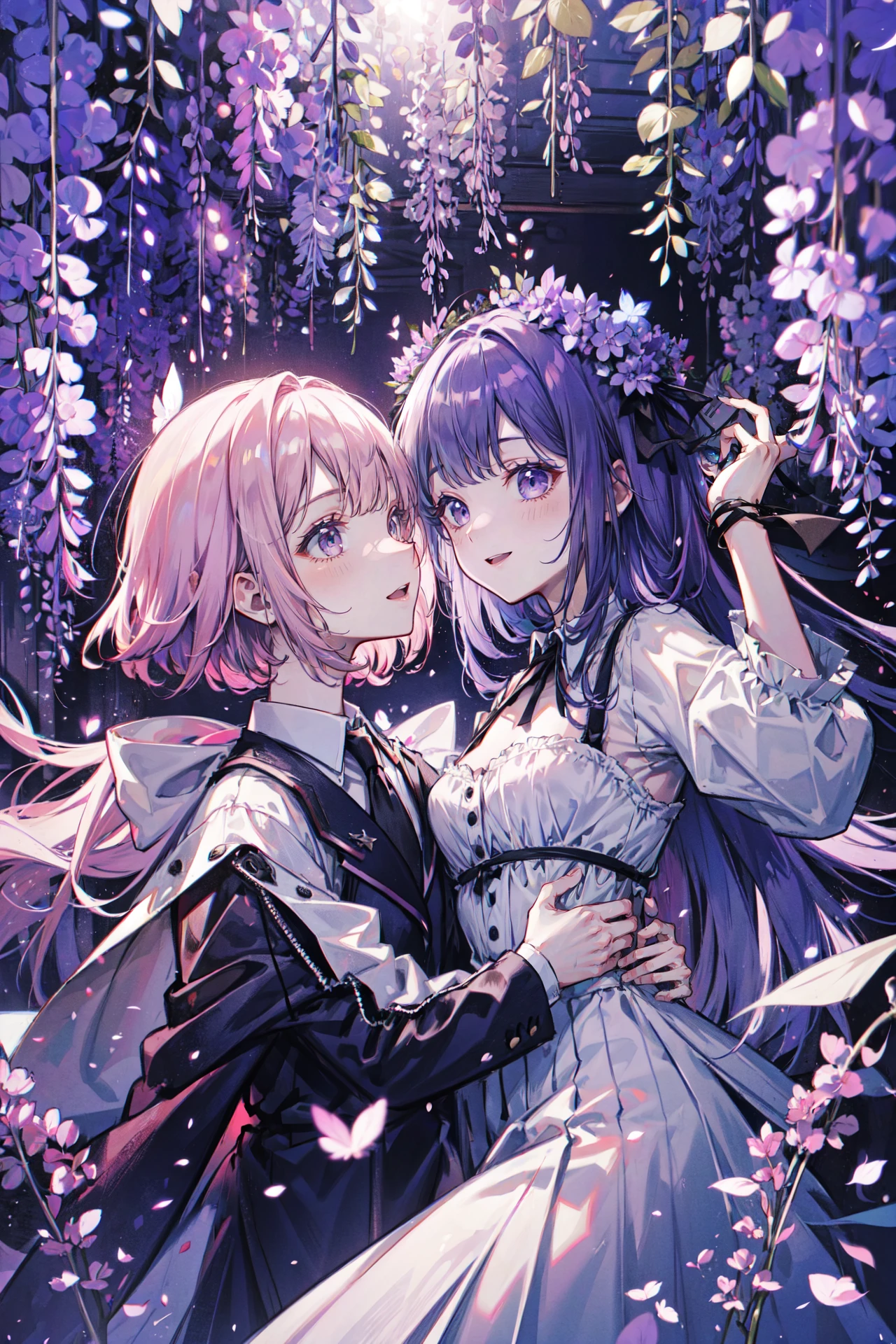 ((best quality, masterpiece, absurdres, super-resolution)) pop culture photoshoot, modern aesthetic, (Wisteria ceiling:1.2) , (Couple, 2 people)