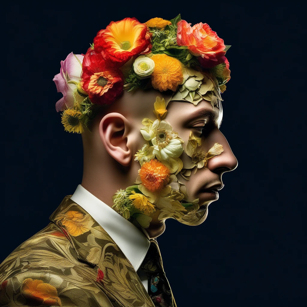 RM4RT1N3Z, a man with a head that is made of flowers, photo by James C. Leyendecker, baroque style, studio portrait, dynamic pose, national geographic photo, retrofuturism, biomorphic