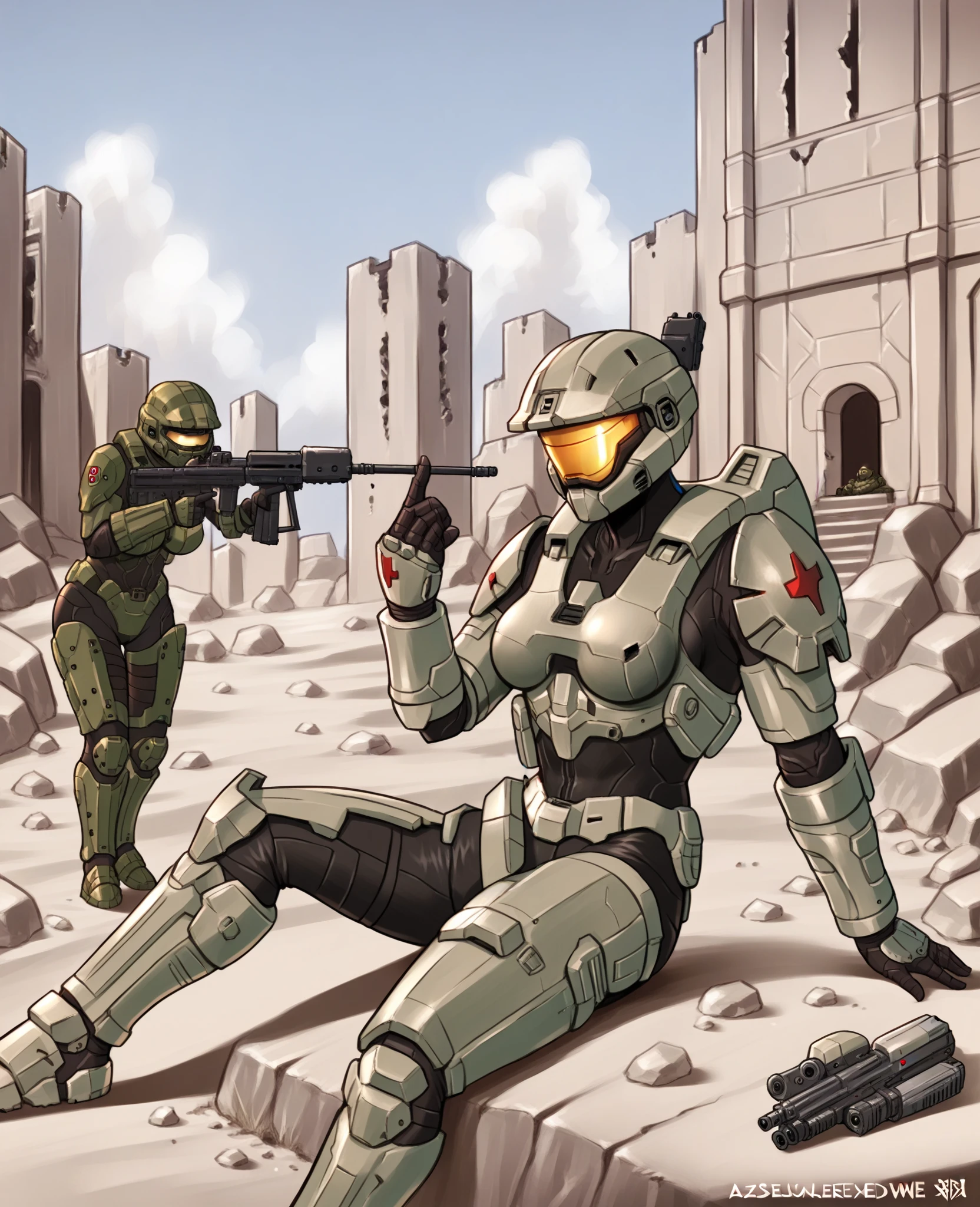 score_9, score_8_up, score_7_up, score_6_up, score_5_up, score_4_up, source_anime, sscs, zash, spartan \(halo\), 2girl, helmet, faceless, armor, gloves, power armor, science fiction, crotch plate, breastplate, breasts, (outside, battlefield, battle, fight, army, war, military, ruins), sitting, relaxing, black bodysuit, bodysuit, holding gun, laser gun, rifle, sniper rifle
<lora:spartan_pdxl:1>